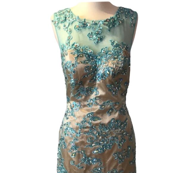 FORMAL GOWN Mermaid Embellished Aqua/Nude Tulle Skirt Ilusion Mesh Beaded Neck - Picture 6 of 9